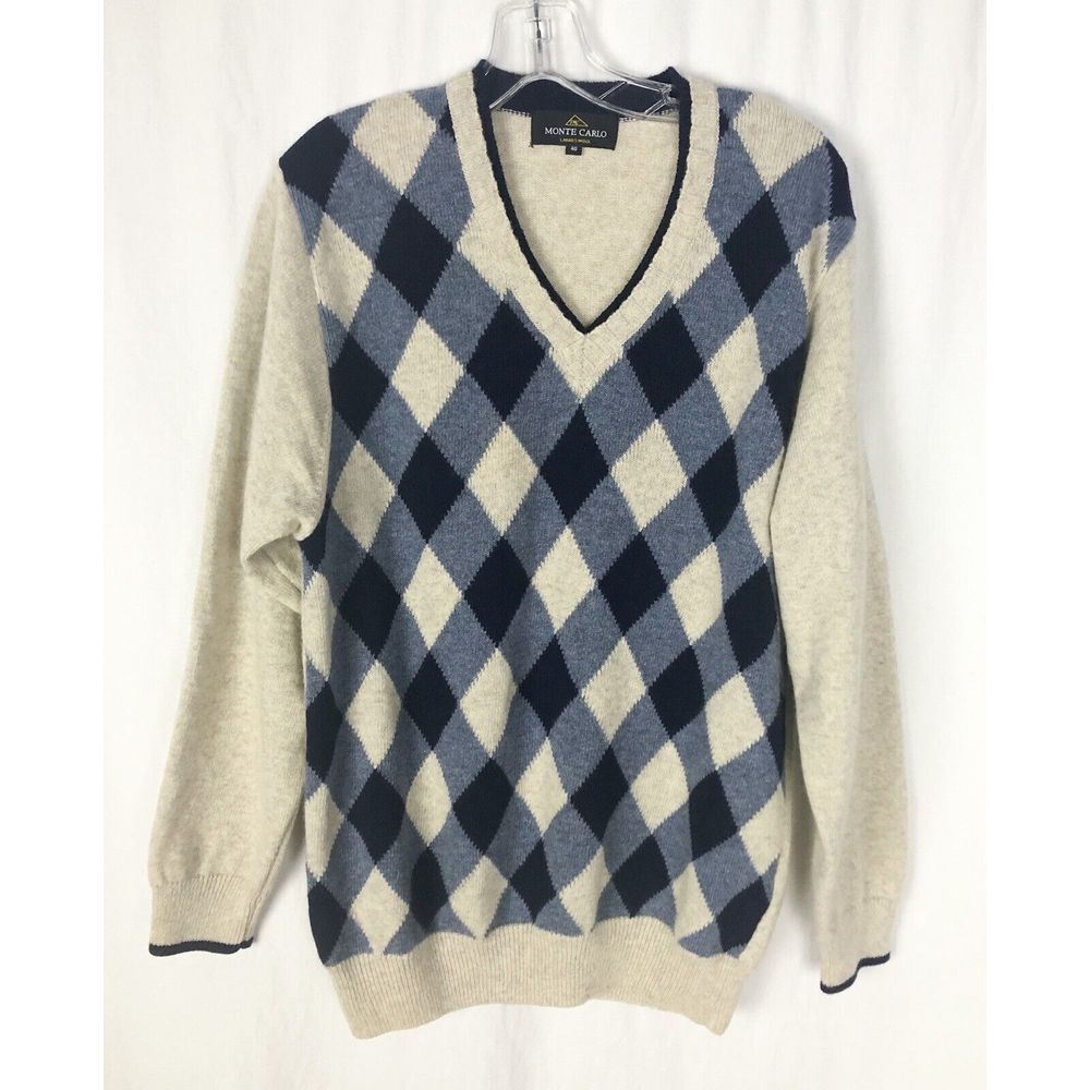 Monte Carlo Mens Vintage Sweater Lambs Wool Blend‎ diamond pattern Size 40